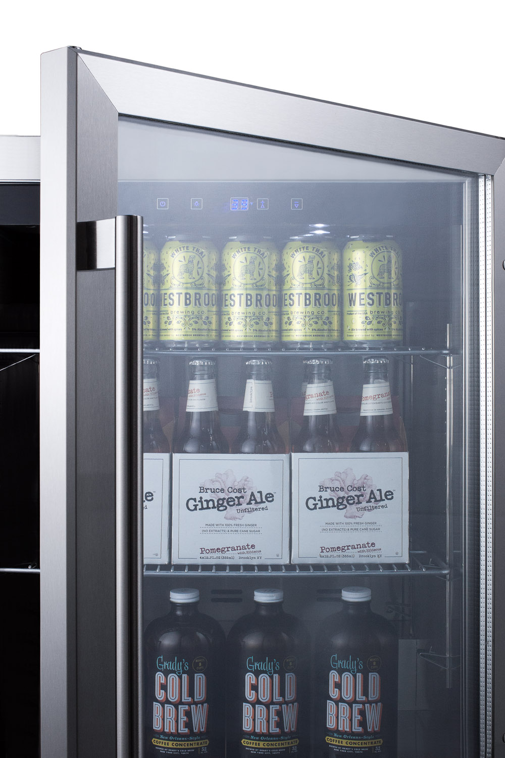 Outdoor built-in undercounter commercial glass door beverage center designed for the display and refrigeration of beverages and sealed food, with stainless steel interior and exterior cabinet